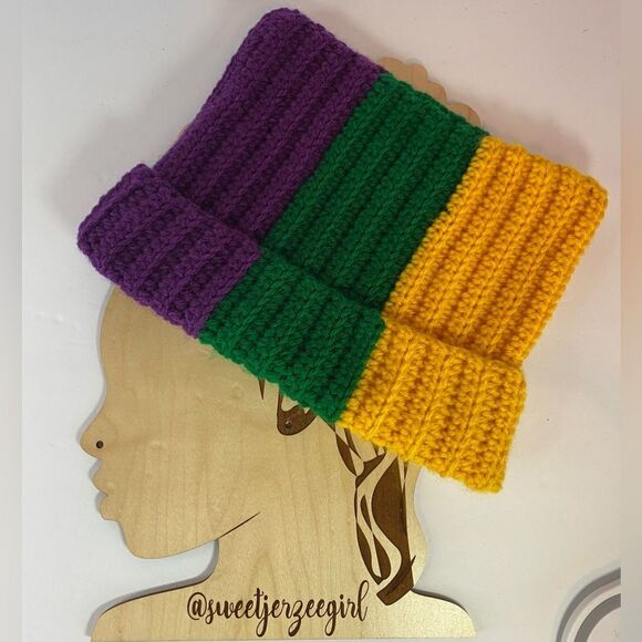 Purple Green & Gold Mardi Gras Colors Handmade Crochet Cat Ear Beanie Hat - Picture 7 of 10